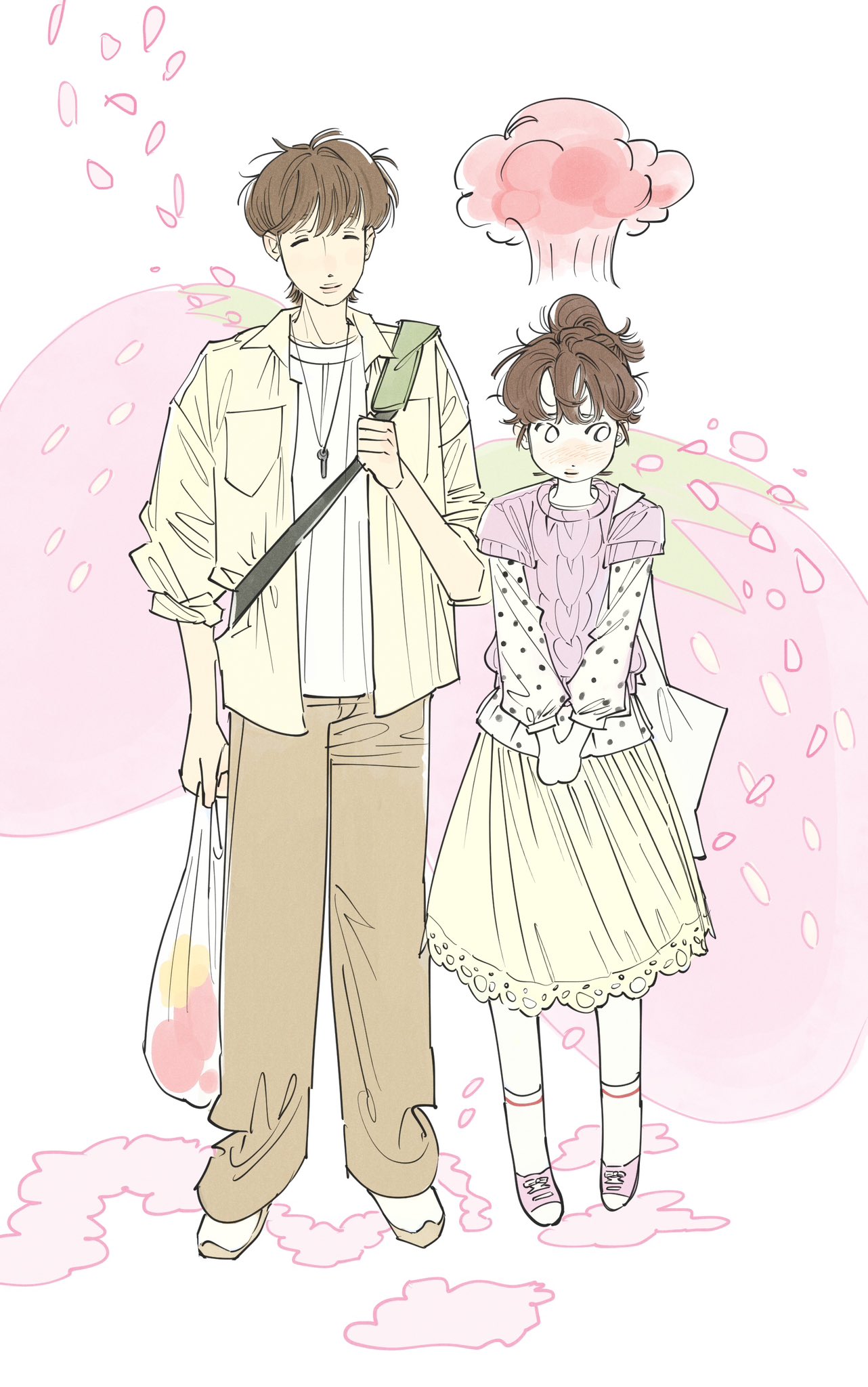 tachibana mikan, atashin'chi, highres, 1boy, 1girl, brown hair, closed eyes, dress, full body, iwaki-kun (atashin'chi), long sleeves, petals, shoes, standing, wl knu9