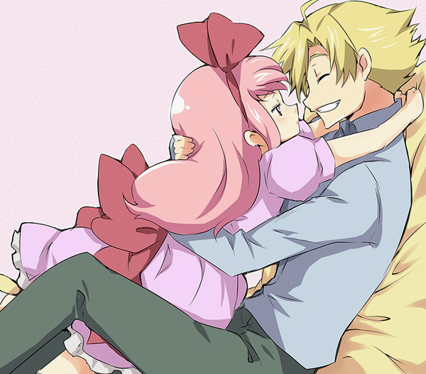 maruki (punchiki), anya alstreim, gino weinberg, code geass, bad id, bad pixiv id, 00s, 1boy, 1girl, alternate hairstyle, blonde hair, blush, couple, dress, grin, hetero, hug, long hair, pink hair, smile