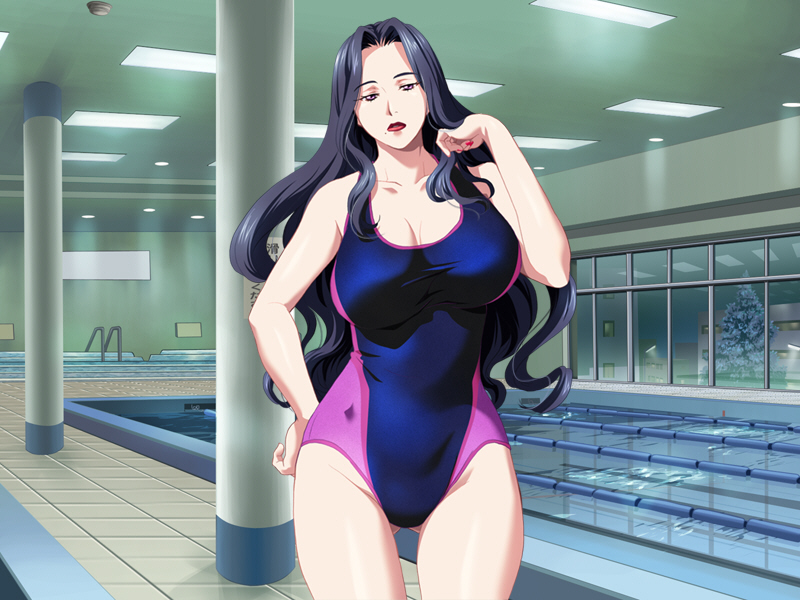 gipsy underground, tokiwa shizue, hitozuma gui, game cg, 1girl, black hair, breasts, brown eyes, cleavage, female focus, hand on own hip, hip focus, large breasts, lips, lipstick, long hair, makeup, mature female, mole, mole under mouth, nail polish, one-piece swimsuit, pale skin, pink nails, pool, solo, swimsuit