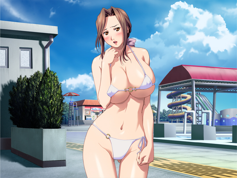 gipsy underground, sakuratani midori, hitozuma gui, game cg, 1girl, bikini, blush, breasts, brown hair, cleavage, cloud, contrapposto, covered erect nipples, cowboy shot, curvy, day, embarrassed, female focus, head tilt, hip focus, huge breasts, looking at viewer, mature female, micro bikini, o-ring, o-ring bikini, open mouth, orange eyes, outdoors, pale skin, ponytail, pool, side-tie bikini bottom, sky, solo, standing, string bikini, swimsuit, thigh gap, thighs, underboob, water slide, waterpark, white bikini, wide hips