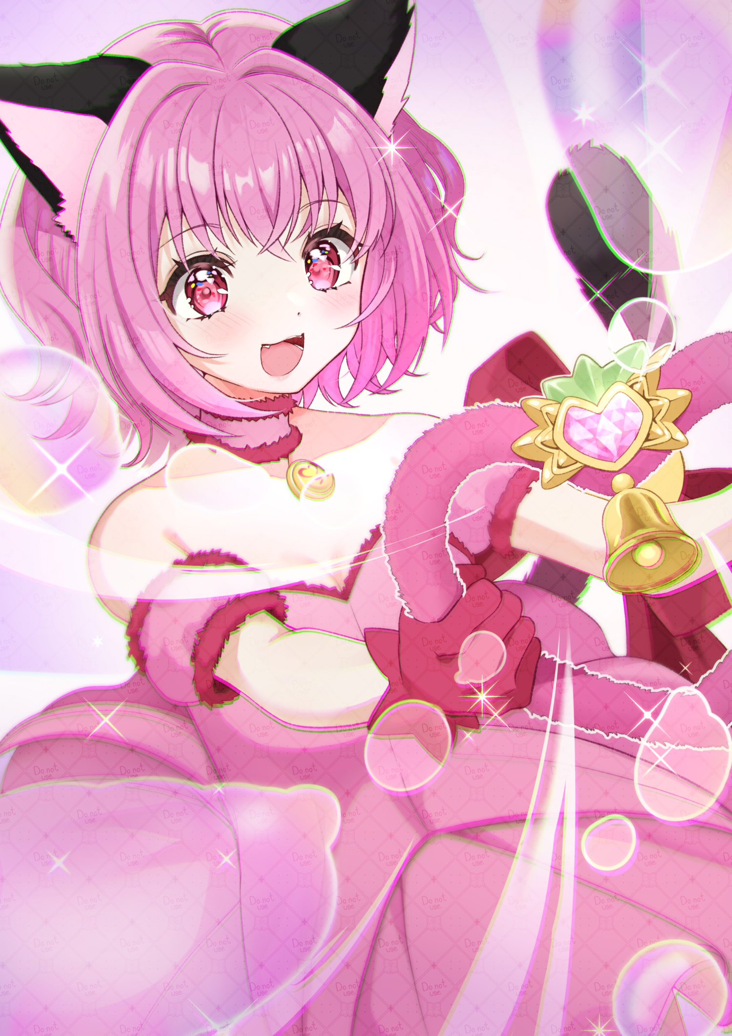 kowano, mew ichigo, momomiya ichigo, tokyo mew mew, highres, 1girl, animal ears, bare shoulders, blush, breasts, cat ears, cat girl, cat tail, choker, cleavage, detached sleeves, dress, frilled choker, frills, gloves, medium breasts, open mouth, pink eyes, pink hair, red gloves, short hair, short sleeves, smile, solo, strapless, strapless dress, strawbell bell, tail