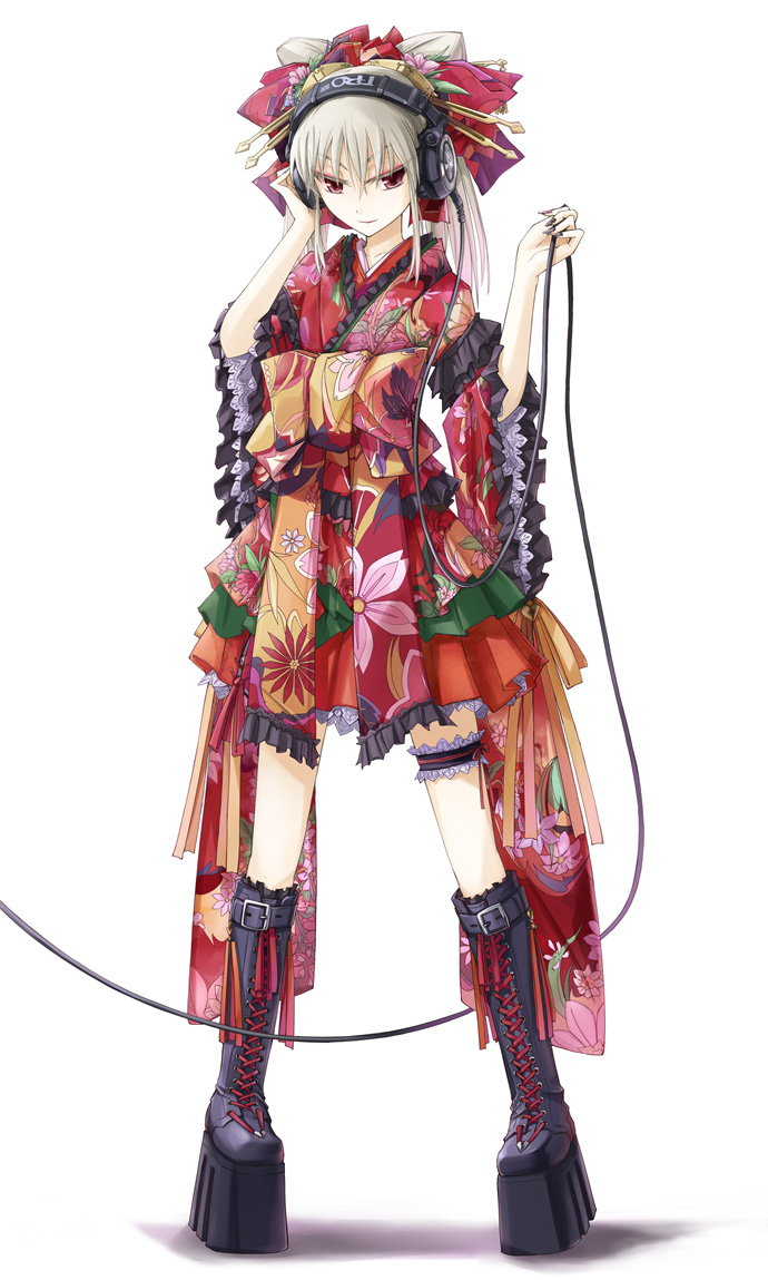 tomo (machinemess), original, platform footwear, 1girl, boots, bow, cable, female focus, frilled thigh strap, frills, full body, gradient background, hair ornament, harajuku fashion, headphones, japanese clothes, kimono, kimono skirt, knee boots, legs, lolita fashion, platform boots, red eyes, solo, thigh strap, wa lolita, white hair