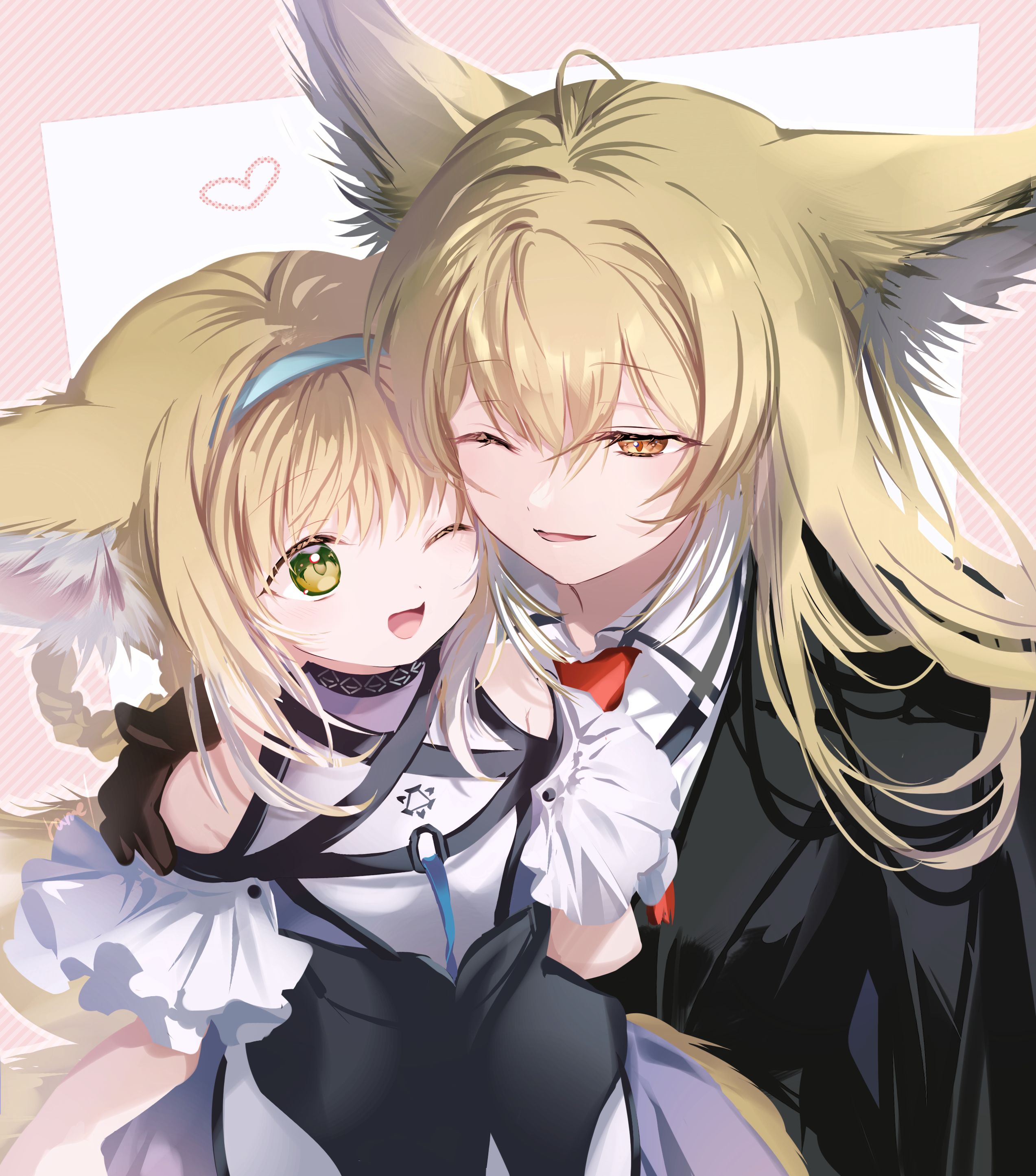 ramel, infection monitor (arknights), suzuran (arknights), vulpisfoglia (arknights), arknights, absurdres, commentary request, highres, partial commentary, 2girls, animal ears, bare shoulders, black gloves, black jacket, blonde hair, blue dress, blue hairband, braid, braided hair rings, collared shirt, colored tips, dress, fox ears, fox girl, fox tail, gloves, green eyes, hair rings, hairband, heart, jacket, long hair, mother and daughter, multicolored hair, multiple girls, necktie, one eye closed, open mouth, orange eyes, red necktie, shirt, tail, twin braids, two-tone hair, white hair, white shirt