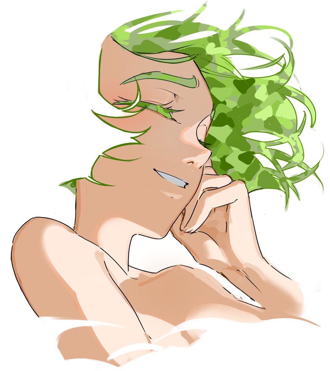 sua (alien stage), alien stage, commentary, english commentary, highres, 1girl, closed eyes, colored eyelashes, cropped shoulders, floating hair, green hair, kuradrawings, short hair, smile, solo