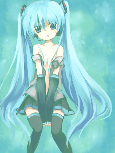 maruki (punchiki), hatsune miku, vocaloid, bad id, bad pixiv id, bare shoulders, blue eyes, blue hair, detached sleeves, flat chest, long hair, open clothes, open shirt, shirt, skirt, solo, thigh gap, thighhighs, thighs, twintails