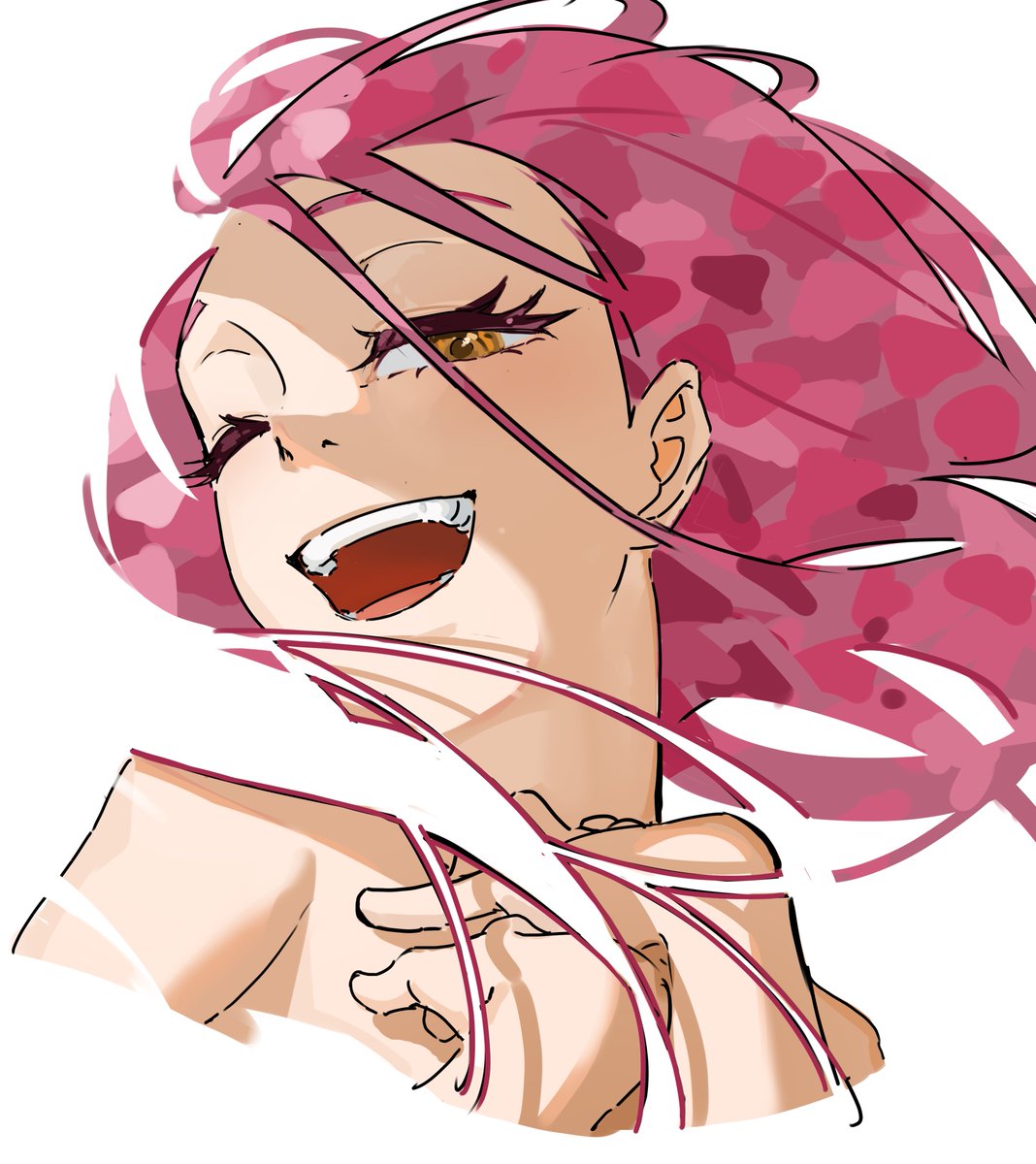 mizi (alien stage), alien stage, commentary, english commentary, highres, 1girl, cropped shoulders, floating hair, kuradrawings, long hair, one eye closed, open mouth, pink hair, smile, solo, yellow eyes