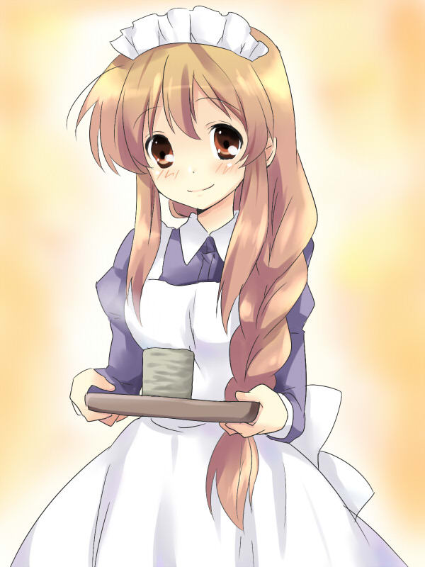 maruki (punchiki), asahina mikuru, suzumiya haruhi no yuuutsu, bad id, bad pixiv id, 00s, blush, braid, brown eyes, brown hair, long hair, side braid, smile, solo, waitress