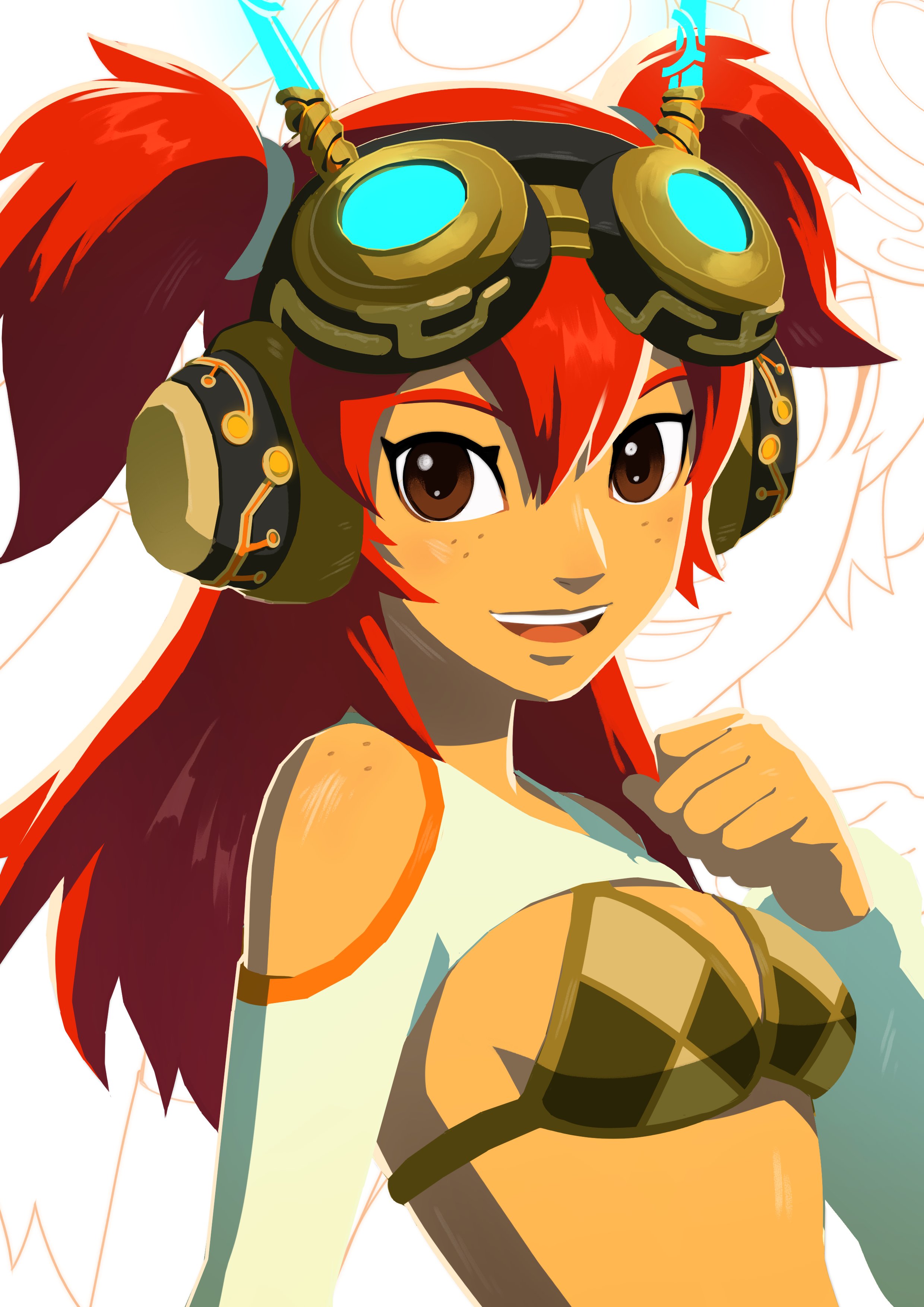 nifast (greentail), nintendo, original, the legend of zelda, the legend of zelda: breath of the wild, absurdres, commentary, english commentary, highres, 1girl, bikini, bikini top only, body freckles, breasts, brown bikini, brown eyes, cleavage, clenched hand, detached sleeves, diamond print, faux 3d, freckles, goggles, goggles on head, hair between eyes, hand up, headphones, long hair, looking at viewer, medium breasts, open mouth, parody, red hair, shoulder freckles, smile, solo, style parody, swimsuit, teeth, truck (nifast (greentail)), two side up, upper body, upper teeth only, white background, white sleeves
