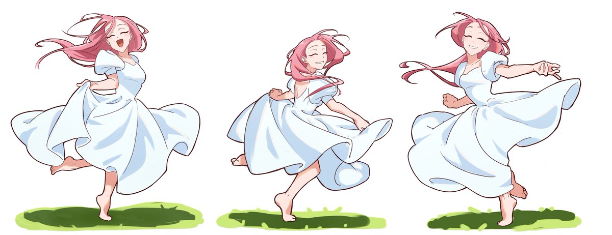 mizi (alien stage), alien stage, commentary, english commentary, 1girl, alternate costume, barefoot, closed eyes, dress, grass, kuradrawings, long dress, long hair, multiple views, open mouth, pink hair, puffy short sleeves, puffy sleeves, short sleeves, skirt hold, smile, very long hair, white dress