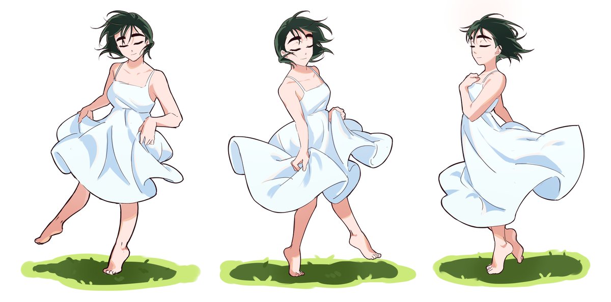 sua (alien stage), alien stage, commentary, english commentary, 1girl, alternate costume, barefoot, black hair, closed eyes, closed mouth, dress, floating hair, hand on own chest, kuradrawings, long dress, multiple views, short hair, skirt hold, sleeveless, sleeveless dress, smile, white dress