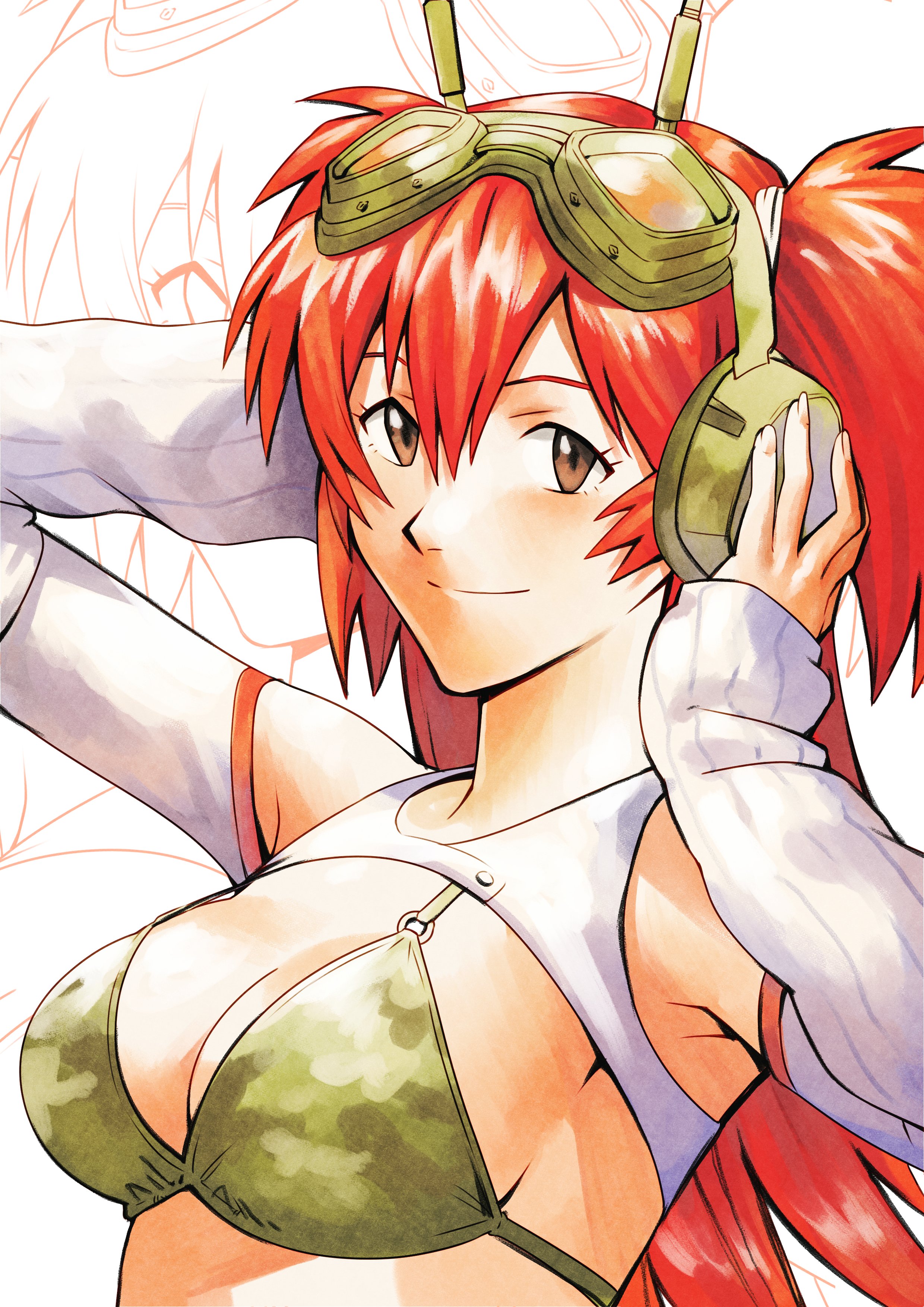 nifast (greentail), original, absurdres, commentary, english commentary, highres, 1girl, arms up, bikini, bikini top only, breasts, brown eyes, camouflage, camouflage bikini, cleavage, detached sleeves, goggles, goggles on head, green bikini, hair between eyes, hands on headphones, headphones, long hair, looking at viewer, medium breasts, parody, red hair, sadamoto yoshiyuki (style), smile, solo, style parody, swimsuit, truck (nifast (greentail)), two side up, upper body, white background, white sleeves