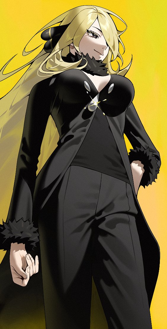 987645321o, cynthia (pokemon), nintendo, pokemon, pokemon dppt, 1girl, arm at side, black coat, black eyes, black pants, black shirt, blonde hair, breasts, cleavage, closed mouth, coat, eyelashes, from below, fur-trimmed coat, fur-trimmed sleeves, fur collar, fur trim, glint, grey eyes, hair ornament, hair over one eye, hand on own hip, large breasts, long hair, long sleeves, looking down, looking to the side, pants, shirt, smile, solo, standing, v-neck, very long hair