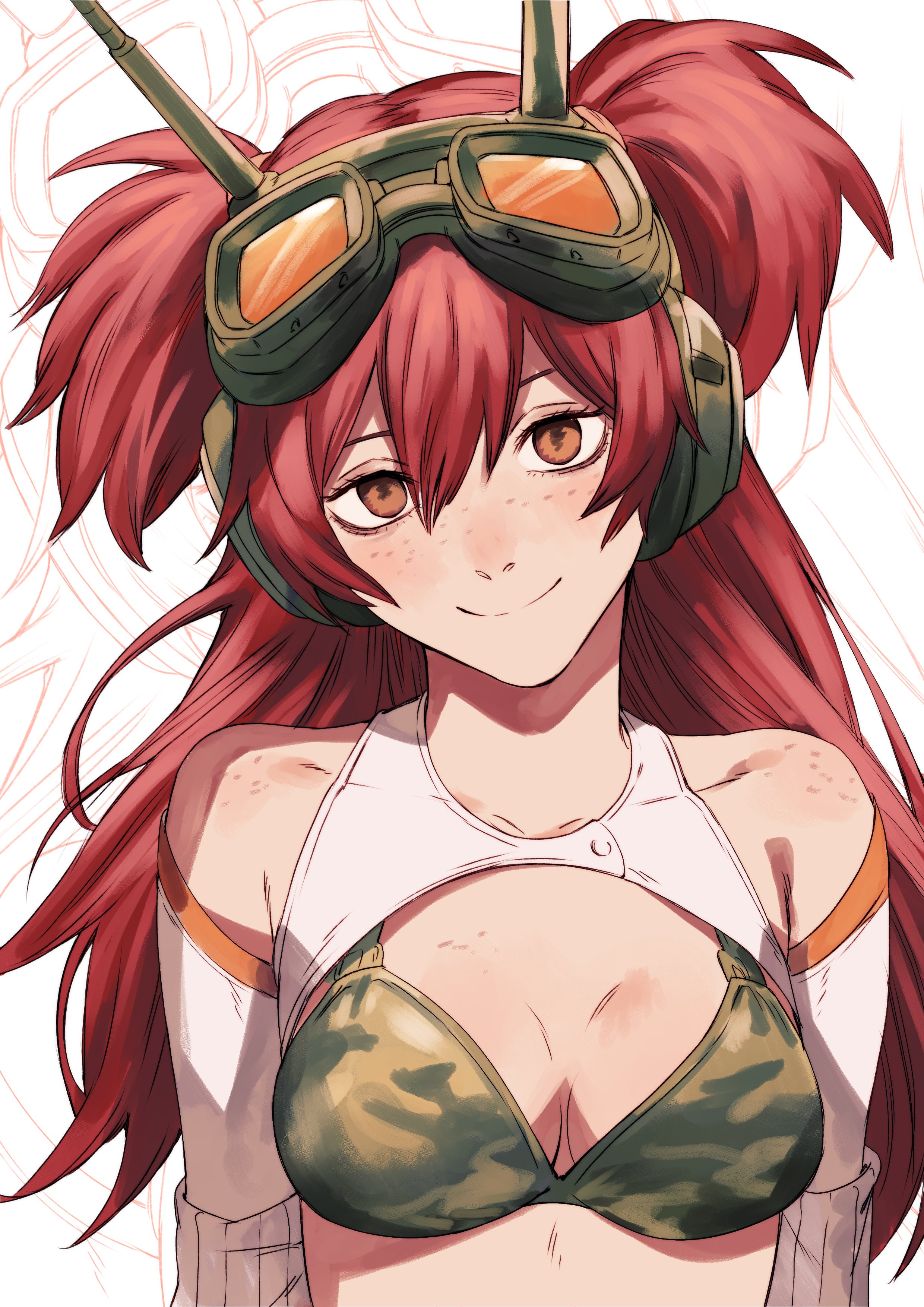 nifast (greentail), original, absurdres, commentary, english commentary, highres, 1girl, bikini, bikini top only, body freckles, breast freckles, breasts, brown eyes, camouflage, camouflage bikini, cleavage, detached sleeves, freckles, fujimoto tatsuki (style), goggles, goggles on head, green bikini, hair between eyes, head tilt, headphones, long hair, looking at viewer, medium breasts, parody, red hair, shoulder freckles, smile, solo, style parody, swimsuit, truck (nifast (greentail)), two side up, upper body, white background, white sleeves