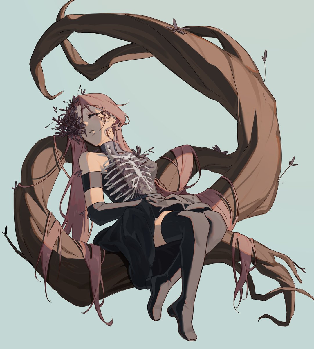 mizi (alien stage), alien stage, commentary, english commentary, highres, unfinished, 1girl, alternate costume, black boots, black dress, boots, branch, closed eyes, clothing cutout, dress, flower over eyes, kuradrawings, long hair, parted lips, pink hair, ribs, shoulder cutout, sitting, sitting on branch, solo, thigh boots, very long hair