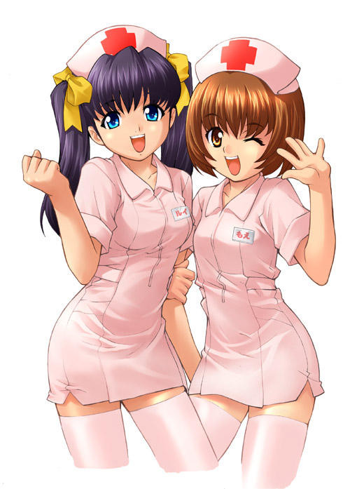 2girls, black hair, blue eyes, brown eyes, brown hair, holding hands, multiple girls, nurse, smile, thighhighs, twintails, wink