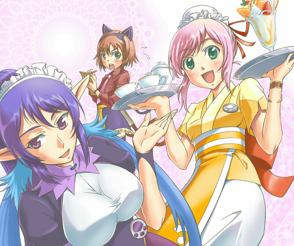 nishiwaki, estellise sidos heurassein, judith (tales), rita mordio, tales of (series), tales of vesperia, 00s, 3girls, alternate costume, animal ears, blue hair, bun cover, cat ears, hair bun, maid, multiple girls, official alternate costume, pink hair, pointy ears, short hair, single hair bun, waitress