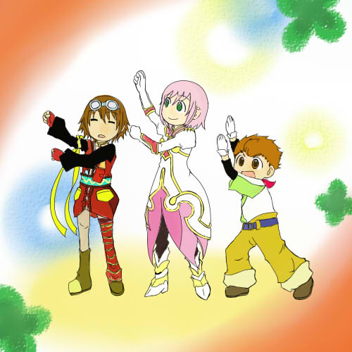 niru moyashi, estellise sidos heurassein, karol capel, rita mordio, tales of (series), tales of vesperia, yotsubato!, bad id, bad pixiv id, lowres, 1boy, 2girls, brown hair, goggles, multiple girls, pantyhose, parody, pink hair, single leg pantyhose, thighhighs