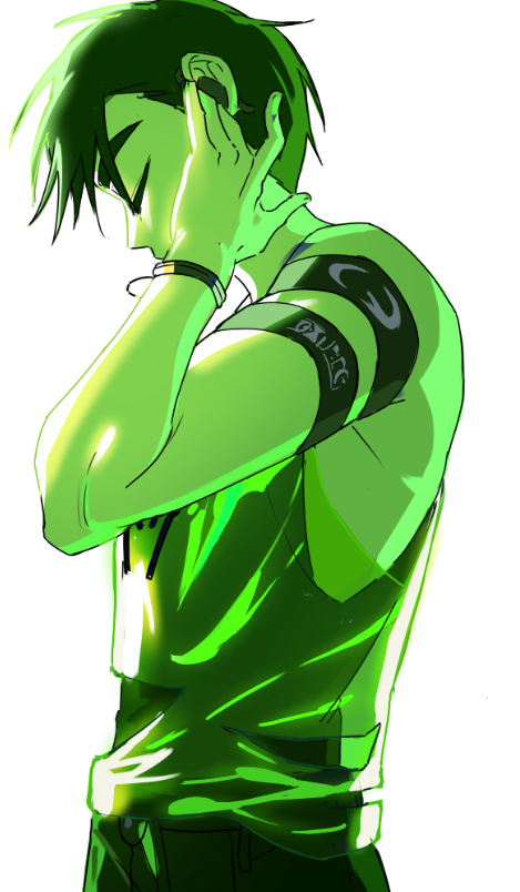 ivan (alien stage), till (alien stage), alien stage, commentary, english commentary, 1boy, armband, black hair, bracelet, closed eyes, cosplay, from behind, green tank top, hand on headset, jewelry, kuradrawings, male focus, short hair, solo, tank top, till (alien stage) (cosplay)