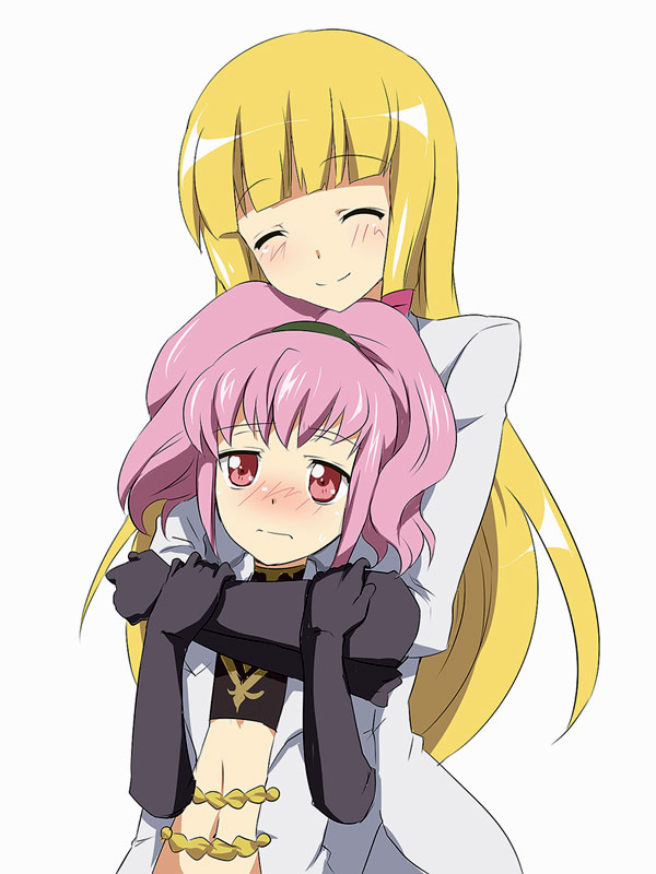 maruki (punchiki), anya alstreim, monica kruszewski, code geass, bad id, bad pixiv id, 00s, blonde hair, blunt bangs, blush, closed eyes, gloves, hug, long hair, pink hair, ponytail, red eyes, smile