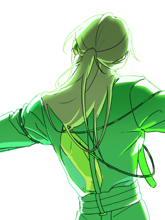 luka (alien stage), mizi (alien stage), alien stage, 1girl, back cutout, clothing cutout, cosplay, from behind, grey shirt, half updo, kuradrawings, long hair, luka (alien stage) (cosplay), outstretched arms, pink hair, shirt, solo, spread arms