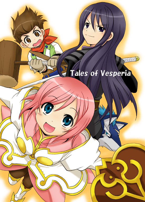 kotobuki maimu, estellise sidos heurassein, karol capel, yuri lowell, tales of (series), tales of vesperia, 00s, 1girl, 2boys, black hair, brown hair, copyright name, hammer, multiple boys, pink hair, shield