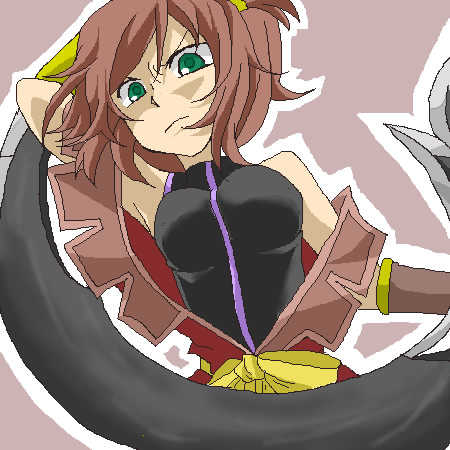 nan (tales), tales of (series), tales of vesperia, bad id, bad pixiv id, lowres, 00s, 1girl, brown hair, female focus, outline, solo, v-shaped eyebrows, white outline