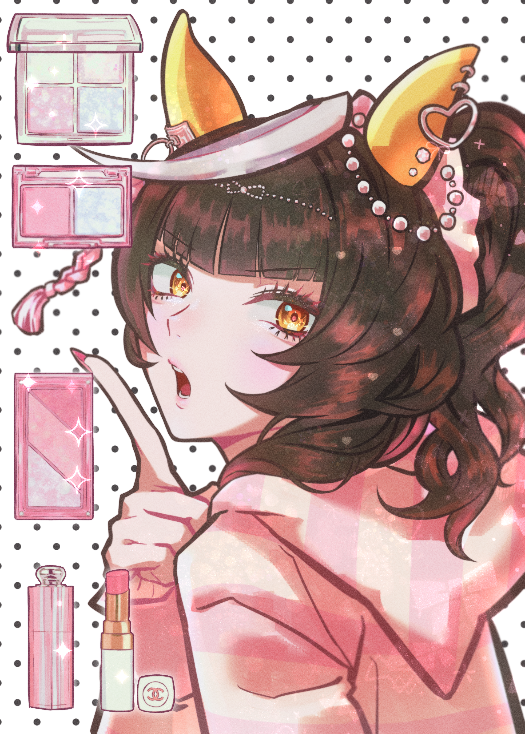shironism, calstone light o (umamusume), umamusume, absurdres, highres, 1girl, animal ears, blunt bangs, brown hair, fingernails, from side, horse ears, horse girl, index finger raised, lipstick, looking at viewer, makeup, nail polish, pink nails, solo, yellow eyes