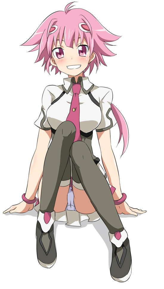 maruki (punchiki), shishidou akiha, sora wo kakeru shoujo, bad id, bad pixiv id, 00s, grin, long hair, necktie, panties, pantyshot, pink eyes, pink hair, shishidou aikha, sitting, skirt, smile, solo, thighhighs, underwear