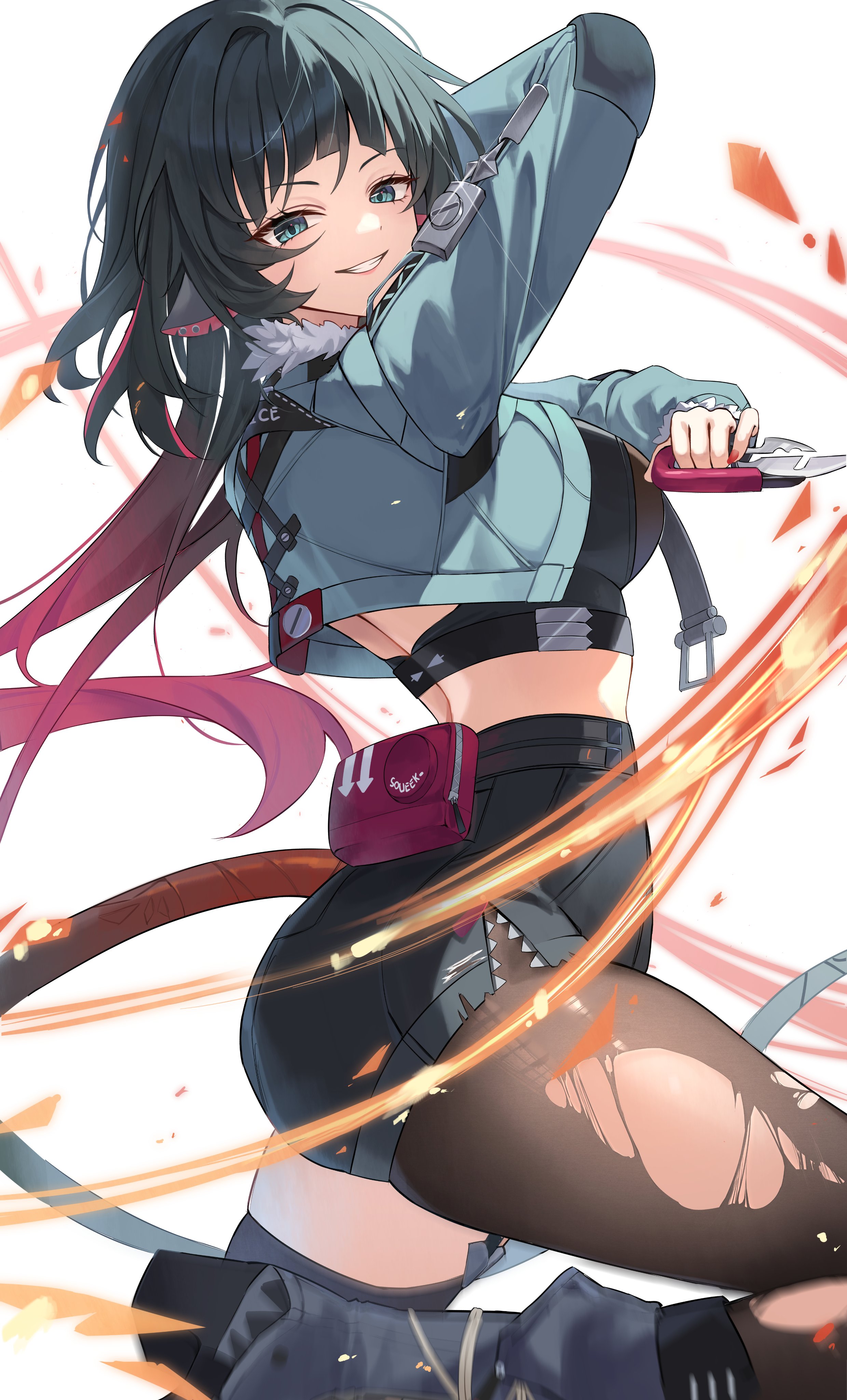 kimae, jane doe (zenless zone zero), zenless zone zero, absurdres, highres, 1girl, animal ears, asymmetrical clothes, black shoes, black shorts, breasts, clenched teeth, dagger, from side, gradient hair, green eyes, green hair, green jacket, high-waist shorts, holding, holding dagger, holding knife, holding weapon, jacket, knife, large breasts, long hair, looking at viewer, mouse ears, mouse girl, mouse tail, multicolored hair, pantyhose, purple hair, shoes, shorts, single leg pantyhose, solo, tail, teeth, torn clothes, torn pantyhose, weapon, white background