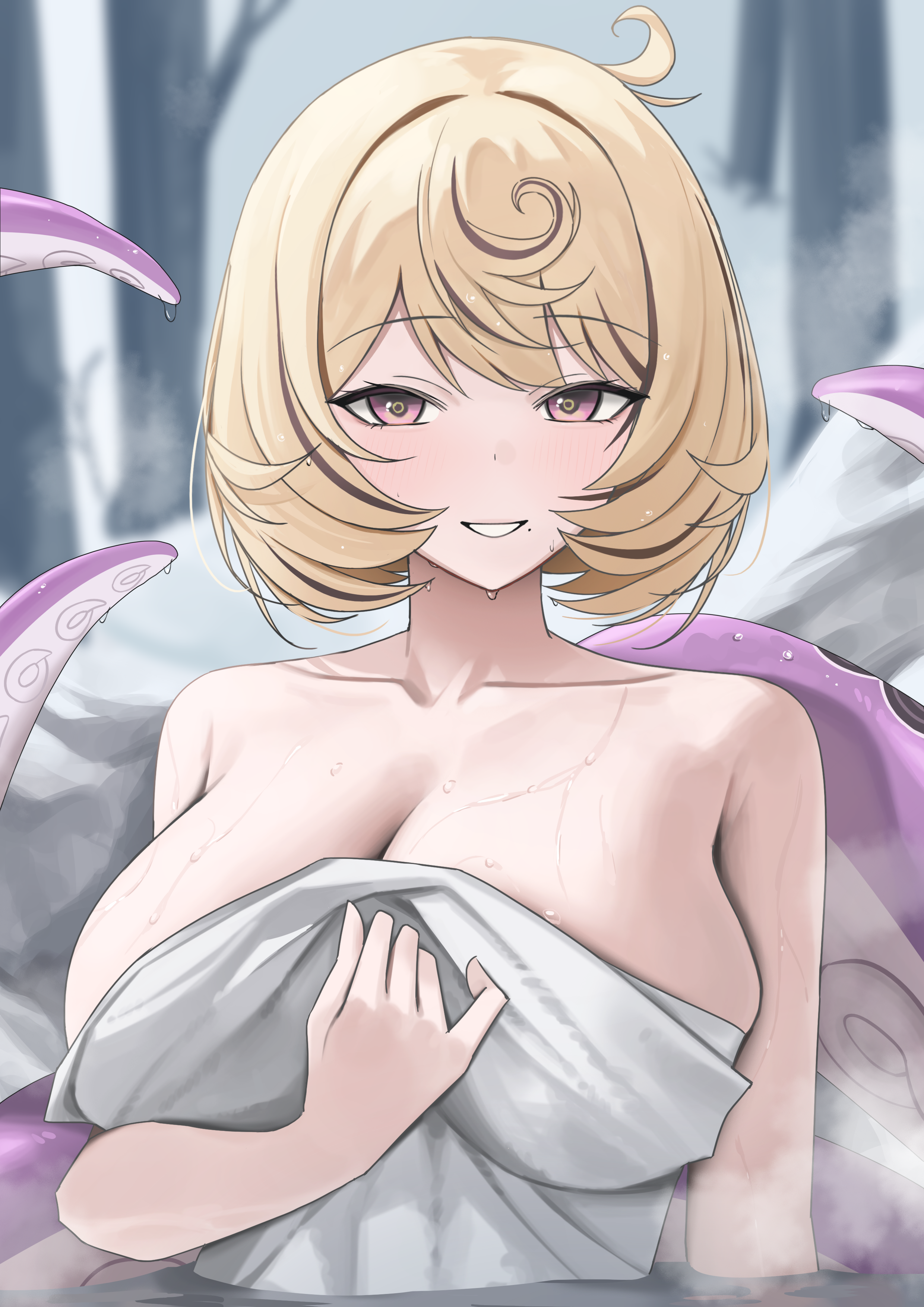 momocadraw, yidhari (zenless zone zero), zenless zone zero, absurdres, highres, 1girl, blonde hair, blush, breasts, cleavage, huge breasts, large breasts, looking at viewer, mole, mole under mouth, monster girl, multicolored hair, naked towel, onsen, partially submerged, purple eyes, scylla, short hair, smile, steam, streaked hair, tentacles, towel, water, wet, wet towel