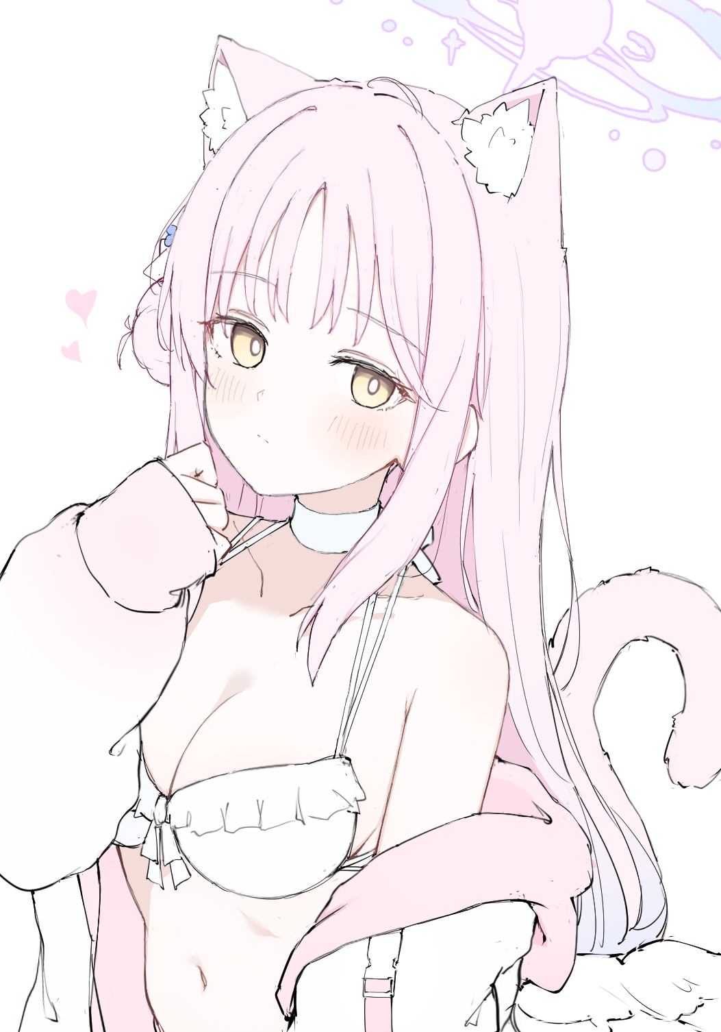 yuukun mk-ii, mika (blue archive), blue archive, highres, 1girl, animal ear fluff, animal ears, bikini, blush, breasts, cat ears, cat tail, choker, cleavage, closed mouth, collarbone, hair bun, halo, heart, jacket, large breasts, long hair, looking at viewer, navel, open clothes, open jacket, pink hair, pink halo, simple background, single side bun, solo, swimsuit, tail, upper body, white background, white bikini, white choker, white wings, wings, yellow eyes
