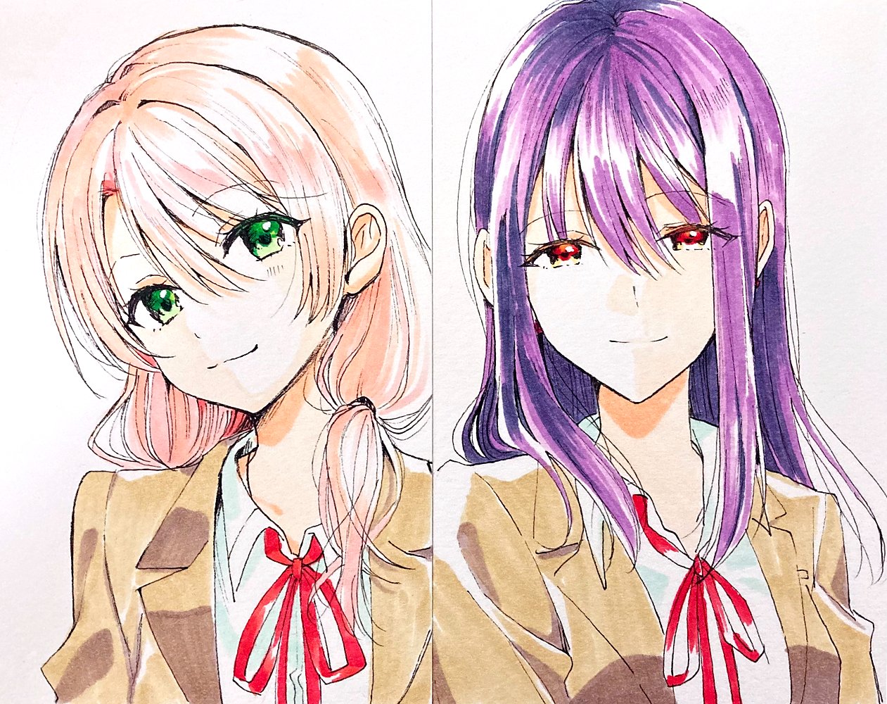 nauchi, original, 2girls, black hair, brown hair, hair between eyes, long hair, medium hair, multiple girls, school uniform, smile, swept bangs, upper body