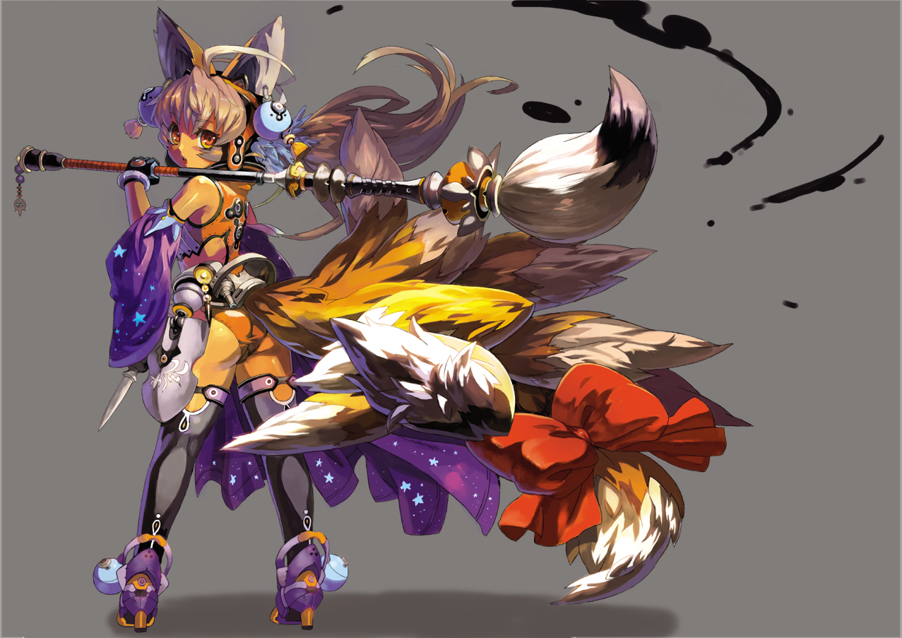 won (toufunokado), original, 1girl, animal ears, ass, bow, calligraphy brush, female focus, fox ears, giant brush, long hair, orange eyes, paint, paintbrush, solo, star (symbol), tail
