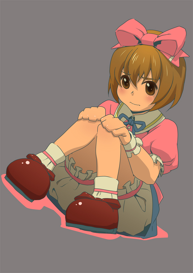 noshi (life goes on), karol capel, karol capel (girly), tales of (series), tales of vesperia, bad id, bad pixiv id, 00s, 1boy, bloomers, blush, bow, crossdressing, crossdressing (mtf), dress, grey background, male focus, official alternate costume, ribbon, solo, trap, underwear, white bloomers