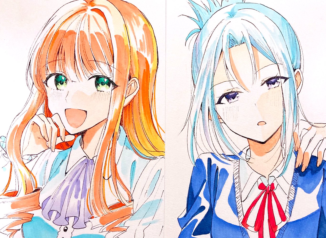 nauchi, original, 2girls, :d, blue hair, drill hair, drill sidelocks, long sidelocks, multiple girls, open mouth, orange hair, sidelocks, smile, upper body