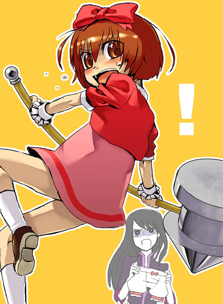 komamama, karol capel, karol capel (girly), yuri lowell, tales of (series), tales of vesperia, !, 00s, 2boys, animal ears, back, blush, bow, brown eyes, brown hair, crossdressing, crossdressing (mtf), dress, hair bow, hammer, kneehighs, long hair, looking back, male focus, multiple boys, official alternate costume, open mouth, pants, pink bow, rabbit ears, ribbon, shoes, short hair, simple background, socks, standing, standing on one leg, surprised, trap, turn pale, wristband, yellow background