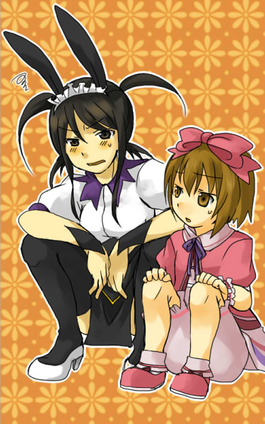 ppsp0305, karol capel, karol capel (girly), yuri lowell, tales of (series), tales of vesperia, bad id, bad pixiv id, 00s, 2boys, alternate costume, animal ears, bloomers, crossdressing, crossdressing (mtf), dress, male focus, multiple boys, official alternate costume, orange background, rabbit ears, ribbon, squatting, thighhighs, trap, underwear, white bloomers