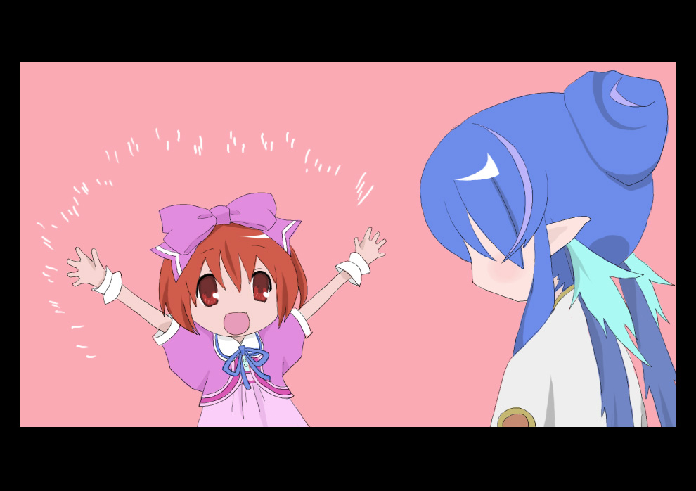 tokimeku, judith (tales), karol capel, karol capel (girly), lucky star, tales of (series), tales of vesperia, bad id, bad pixiv id, 1boy, 1girl, blue hair, crossdressing, dress, official alternate costume, paffendorf, parody, pointy ears, ribbon, trap