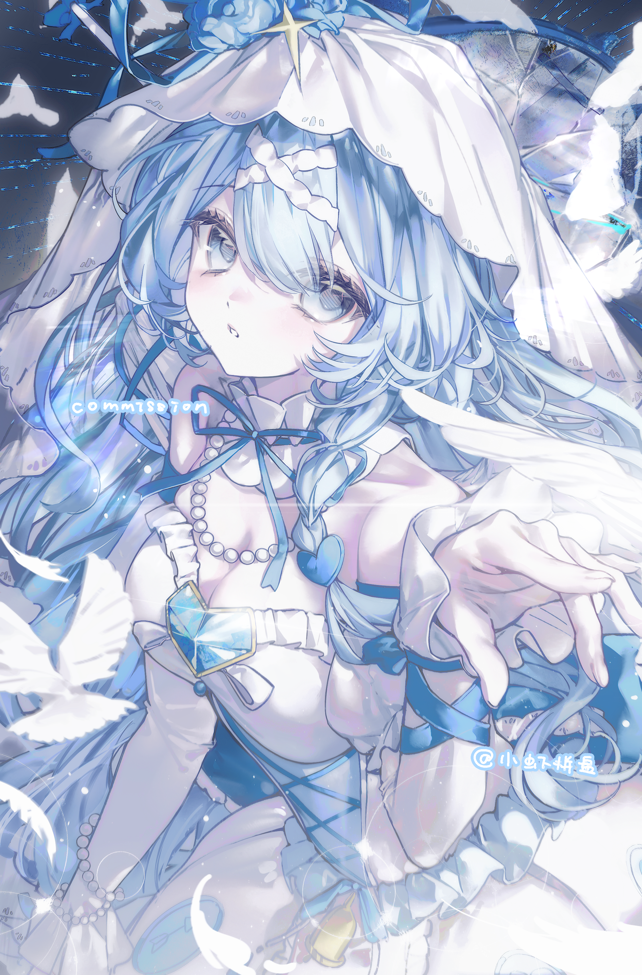 original, absurdres, commission, highres, 1girl, bare shoulders, bead necklace, beads, blue eyes, blue hair, blue ribbon, breasts, cleavage, detached sleeves, dress, hair between eyes, hand up, jewelry, large breasts, long hair, long sleeves, looking at viewer, neck ribbon, necklace, parted lips, ribbon, solo, strapless, strapless dress, upper body, veil, white dress, white sleeves, white veil, xiao xia pin pan