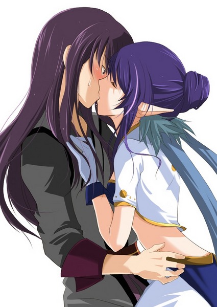 kiko, judith (tales), yuri lowell, tales of (series), tales of vesperia, 00s, 1boy, 1girl, blue hair, gloves, hair bun, hetero, kiss, long hair, looking at another, midriff, pointy ears, purple hair, simple background, sweat, sweatdrop, very long hair, white background, white gloves