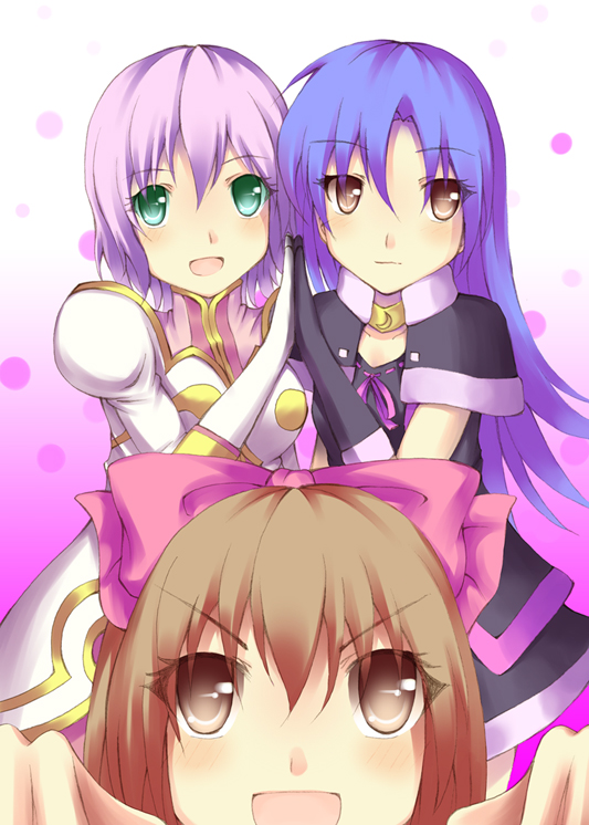 fujiwara tsukasa, estellise sidos heurassein, karol capel, karol capel (girly), kisaragi chihaya, idolmaster, idolmaster (classic), idolmaster 1, tales of (series), tales of vesperia, bad id, bad pixiv id, 00s, 1boy, 2girls, blue hair, blush, bow, brown eyes, brown hair, crossover, cute & girly (idolmaster), dress, elbow gloves, gloves, green eyes, hair bow, long hair, multiple girls, official alternate costume, pink bow, pink dress, pink hair, ribbon, short hair, trap