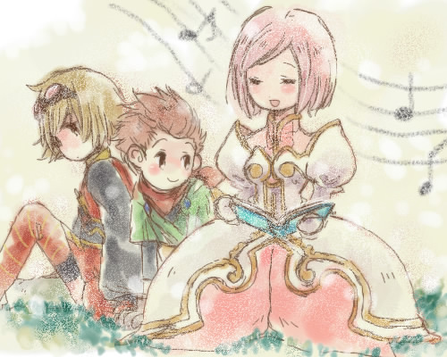 urihara84, estellise sidos heurassein, karol capel, kisaragi chihaya, rita mordio, idolmaster, idolmaster (classic), tales of (series), tales of vesperia, bad id, bad pixiv id, lowres, 00s, 1boy, 2girls, blue hair, brown hair, dress, goggles, multiple girls, pink dress, pink hair, ribbon, thighhighs