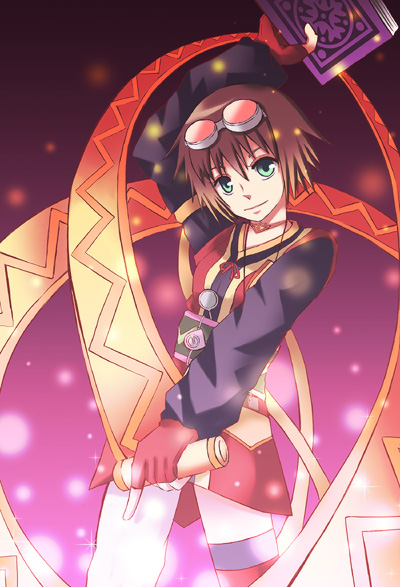 kuga asumi, rita mordio, tales of (series), tales of vesperia, bad id, bad pixiv id, 00s, 1girl, book, brown hair, female focus, fingerless gloves, gloves, goggles, goggles on head, gradient background, green eyes, looking at viewer, pantyhose, red gloves, scroll, short hair, simple background, single leg pantyhose, solo, thighhighs