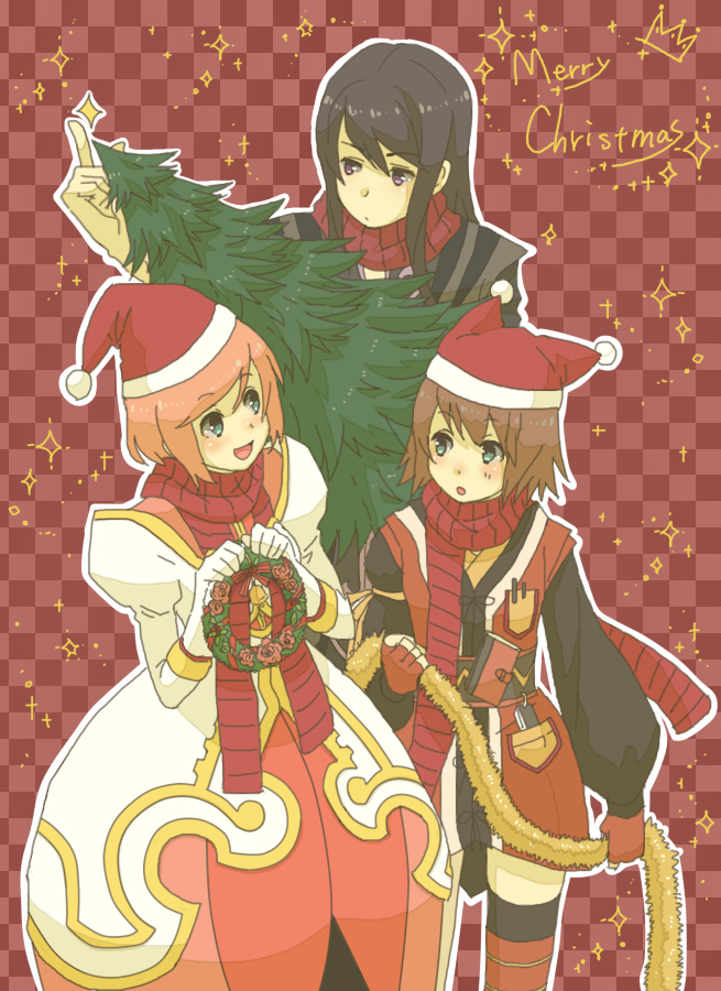 tim (tim411), estellise sidos heurassein, rita mordio, yuri lowell, tales of (series), tales of vesperia, bad id, bad pixiv id, 00s, 1boy, 2girls, brown hair, christmas, multiple girls, pink hair, thighhighs
