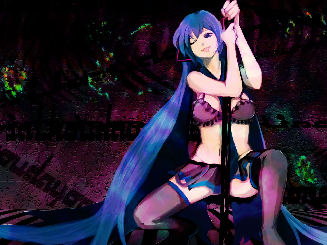 chihiro 2 (artist), meola, hatsune miku, vocaloid, bad id, bad pixiv id, 1girl, blue eyes, blue hair, female focus, long hair, matching hair/eyes, one eye closed, pole, pole dancing, skirt, solo, stripper, stripper pole, thighhighs, tongue, twintails, very long hair, wink
