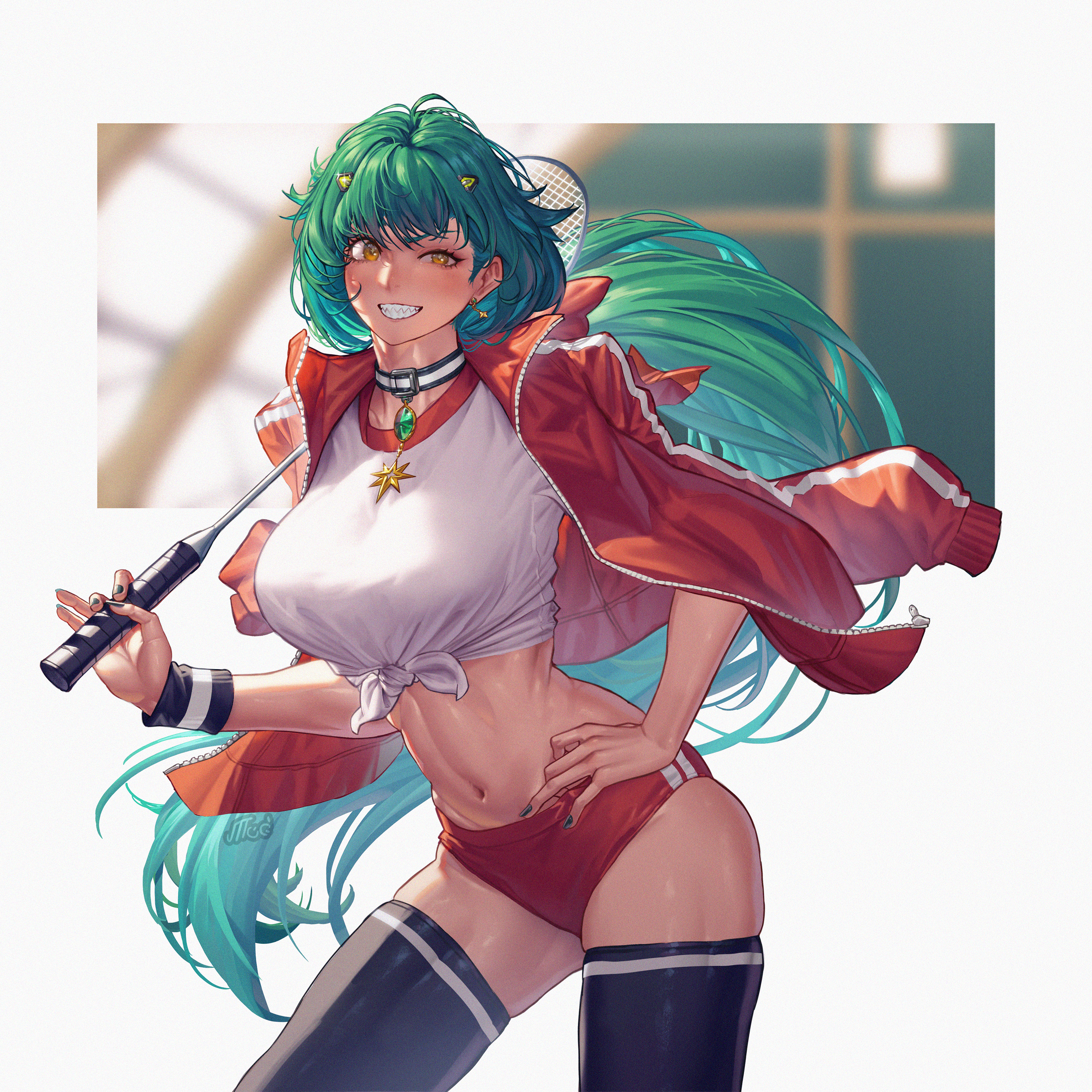 orewajedman, kitakoji hisui, nijisanji, absurdres, highres, 1girl, badminton racket, breasts, buruma, choker, earrings, green hair, gym uniform, hand on own hip, holding, holding badminton racket, holding racket, jacket, jacket on shoulders, jewelry, large breasts, looking at viewer, midriff, navel, open clothes, open jacket, ponytail, racket, red buruma, sharp teeth, shirt, solo, teeth, thighhighs, thighs, tied shirt, virtual youtuber, yellow eyes