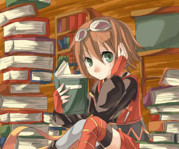 kontore, rita mordio, tales of (series), tales of vesperia, 00s, 1girl, asymmetrical legwear, bob cut, book, bookshelf, brown hair, female focus, fingerless gloves, gloves, goggles, goggles on head, green eyes, looking at viewer, mismatched legwear, open book, reading, red gloves, short hair, sitting, solo, studying, thighhighs
