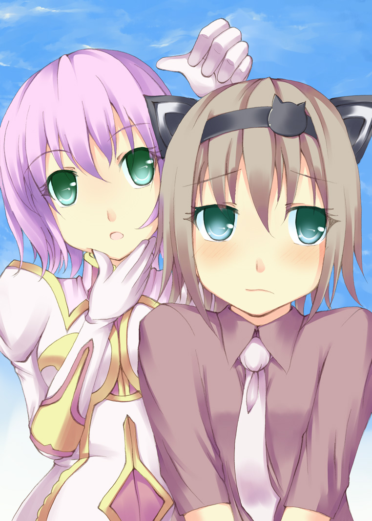 fujiwara tsukasa, estellise sidos heurassein, rita mordio, tales of (series), tales of vesperia, bad id, bad pixiv id, 00s, 2girls, animal ears, bob cut, breasts, brown hair, cat ears, dress, fake animal ears, green eyes, multiple girls, necktie, official alternate costume, pink hair, short hair, small breasts