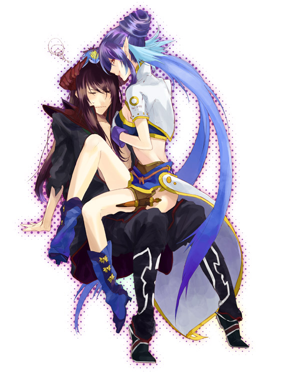 shiratama moyashi, baul (tales), judith (tales), yuri lowell, tales of (series), tales of vesperia, blue footwear, 00s, 1boy, 1girl, boots, embarrassed, knee boots, official alternate costume, pointy ears, sitting