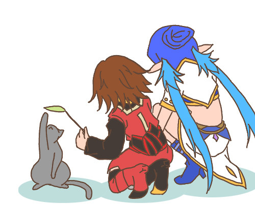 sudachi (blanc mirage), estellise sidos heurassein, judith (tales), rita mordio, tales of (series), tales of vesperia, blue footwear, bad id, bad pixiv id, lowres, 00s, 2girls, antenna hair, blue hair, boots, brown hair, cat, multiple girls, pink hair, pointy ears
